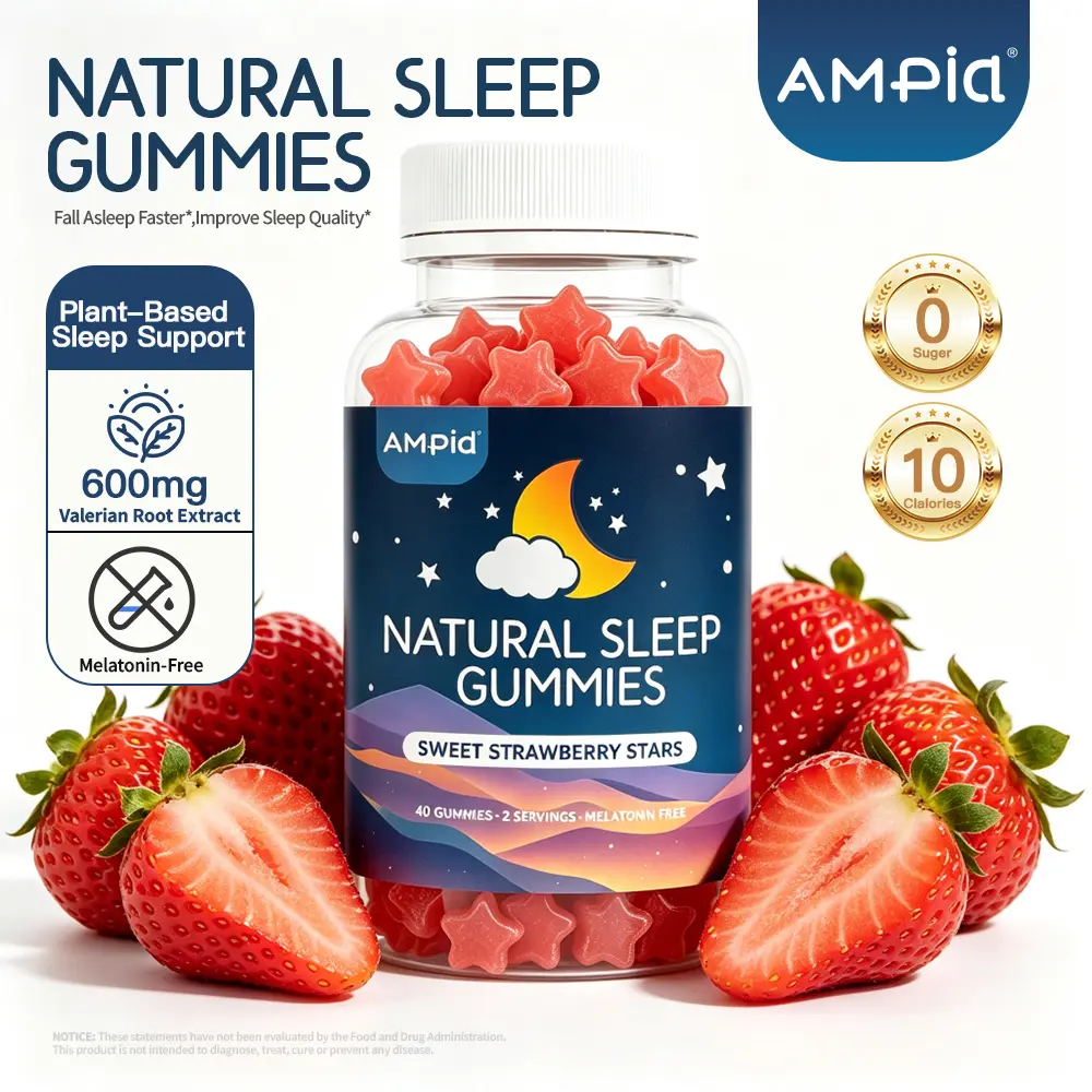 **AMPIA Natural Sleep Gummies with 600mg Valerian Root Extract, Melatonin-Free, Sugar-Free Plant-Based Sleep Support, Sweet Strawberry Flavor, 40 Gummies**