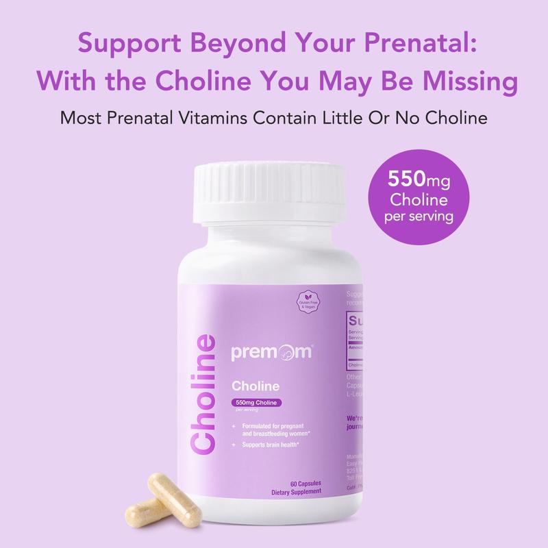 Premom Prenatal Choline Bitartrate Supplement 550mg for Cognitive Development 60 Capsules 30 Days Supply Nutritional Support for Pregnancy Metabolism & Baby Brain Development