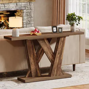 TRIBEWOOD 55-Inch Farmhouse Console Table, Farmhouse Behind The Couch Table TV Stand with Geometric Base, Skinny Sofa Table Entryway Table for Entrance, Living Room, Hallway, Foyer