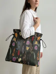 Floral Pattern Drawstring Handbag Tote Bag, Large Capacity Shopping Bag, Durable and Wear-Resistant, Casual Style for Work, Shopping, Picnic