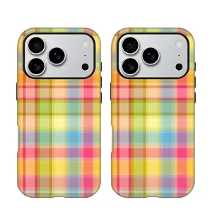 Wireless Charging Colorful Retro Plaid Candy-Color Square Phone Case Durable Two-in-One Protective Cover for iPhone 17/16/15/14/13/12 Pro & Samsung Galaxy Series PC Material