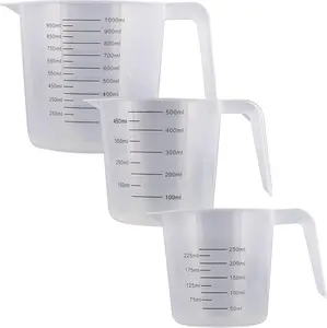 Set of 3 Plastic Graduated Measuring Cups with Pitcher Handles - 1, 2 and 4 Cup Capacity, Ounce and ML Cup Markings - Measure & Mix Recipe Ingredients, Flour, Water, Oil, Batter