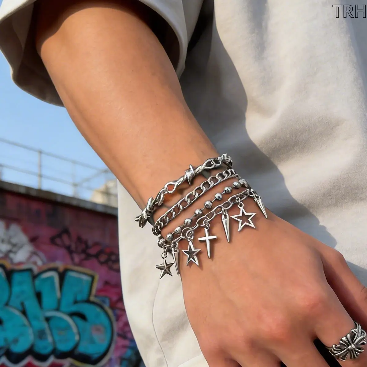4Pcs Punk Layered Bracelet Set for Men, Silver Barbed Wire Chain with Star Cross Spike Charms, Grunge Hip Hop Stackable Wrist Jewelry for Streetwear & Concert Outfits