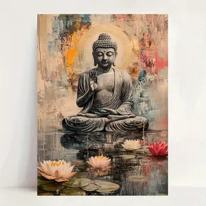 Lotus Buddha Meditation Wall Art - Modern Classic Canvas Print  Frameless, Vibrant, Suitable for Lotus and Water Reflection Spiritual Decoration in Living Room, Bedroom, Office, Indoor and Outdoor Spaces, Outdoor Artwork | Modern