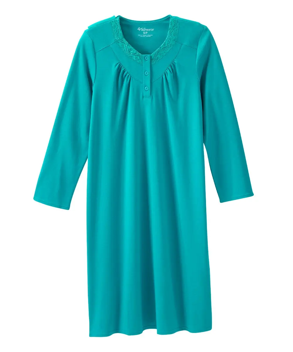 Women's Feminine No-Peek Hospital & Home Care Gown, Lace Neckline, Soft Knit Fabric Clothes - Clearance