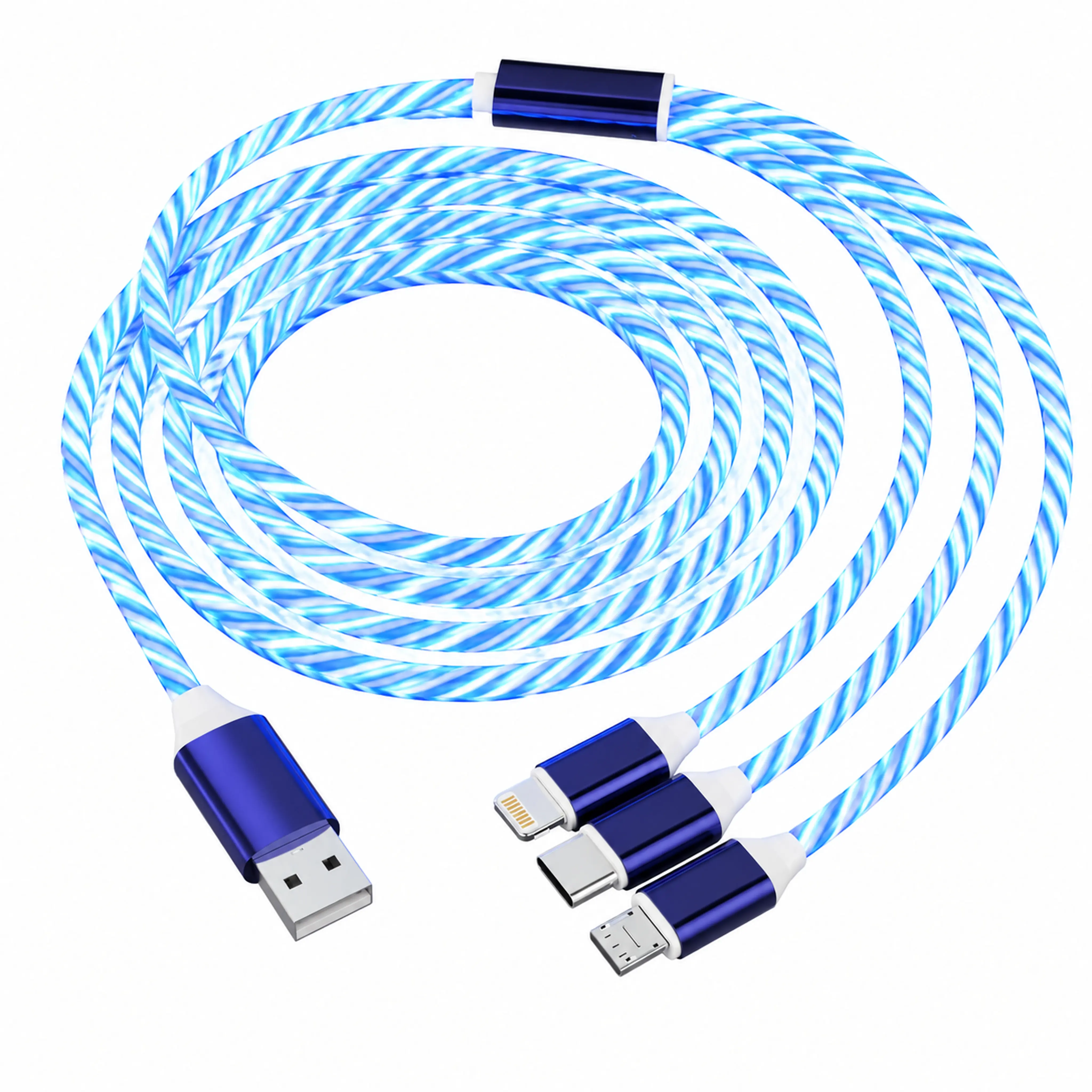 Flowing LED Braided 3-in-1 Charger Cable, Electronic Mobile Fast Glow Braided Charger Cord with Multi Plug for Smartphones, Vehicle Use, Data Charging Cable