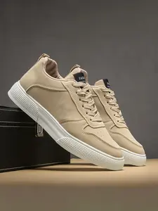 Men's Low-Top Skate Sneakers, Trainer, Olive Faux Leather, Rubber Sole, Minimalist Design, Durable PVC, Lace-Up, Round Toe, Urban Style, Casual