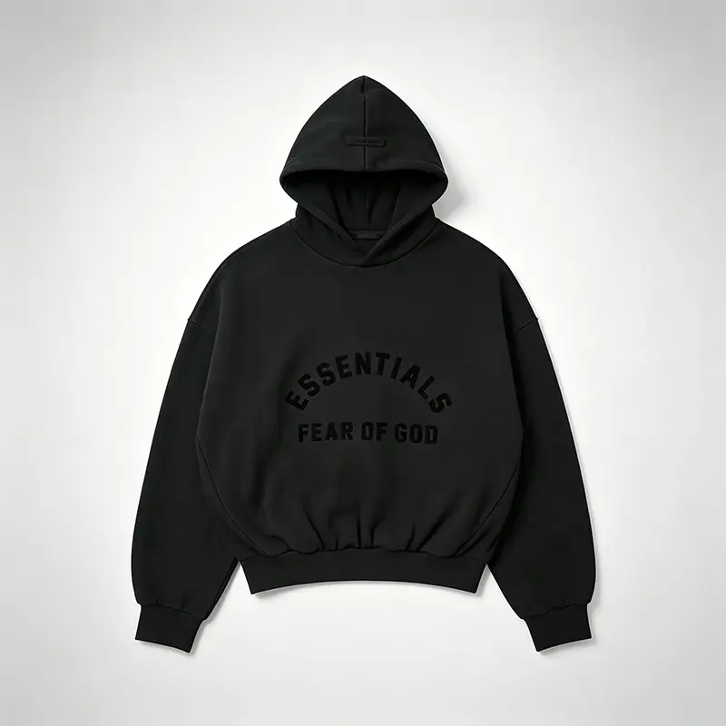 Fear of God Essentials Men's SS23 Arch Logo Hoodie Jet Black Fear of God Essentials Men's SS23 Arch Logo Hoodie Jet Black