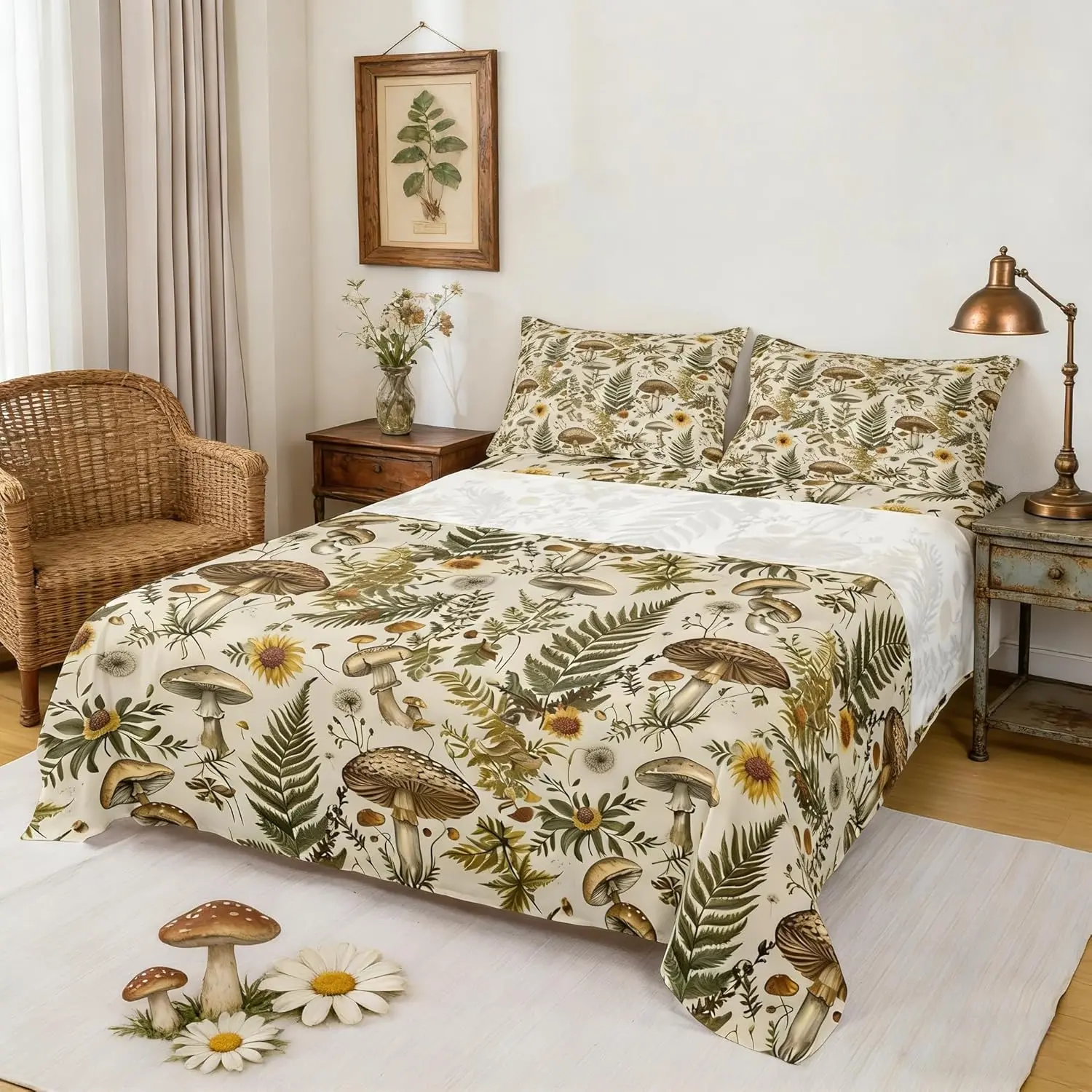 Mushroom Bed Sheets,Botanical Leaves Vintage Flowers Bedding Sets,Adults,Retro Daisy Dandelion Jungle Plants Sheet Set,Flat,Fitted Sheet