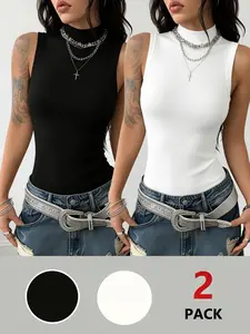 2-Pack Women's Sleeveless High Neck Slim Fit Vest, Sweat-Wicking Breathable Casual T-Shirt, Ideal for Summer Sports and Shopping