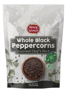 Spicy World Black Peppercorns Whole 1 Pound - Non-GMO, Steam Sterilized Whole Peppercorns for Grinder Refill