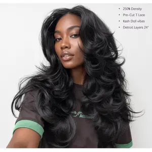 [Detroit Layers]24 Inches Big Head Friendly Kash Doll Layers Beginher Hair Extra Full & Voluminous Middle Part Heat Resistance Fiber 250% Density Big-Head Friendly T-Part Lace Synthetic Pre-Cut Glueless Wigs Natural Black Color SummerVibes summerwins
