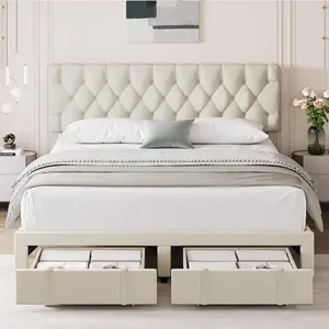 Full Size Upholstered Platform Bed Frame with Storage Drawers, Mattress Full Size Foundation, Solid Wooden Slats, No Box Spring Needed, Beige Contemporary Indoor Furniture