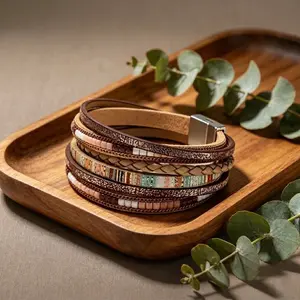 Bohemian Leather Wrap Bracelets for Women, Multi-Layer Beaded Cuff Bracelet with Magnetic Clasp Earthy Tone Jewelry Birthday Gift for Her