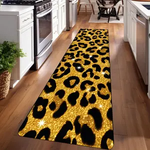 1PC， Golden Leopard Print with Sparkles Patterned strip rugs, home décor, bathroom mats, entryway mats, bathroom non-slip mats, indoor entrance rugs, bedroom bedside mats, kitchen mats, hallway rugs, flannel sponge rugs, hallway runner rugs