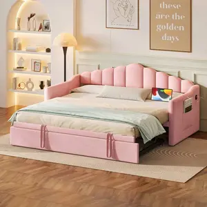 Upholstered  Size Daybed  Adjustable Height Pop Up Trundle   And USB & Type-C Charging Port, Day  Frame  2 Side Pockets, No Box-Spring Needed, Pink bed Twin with console table sand
