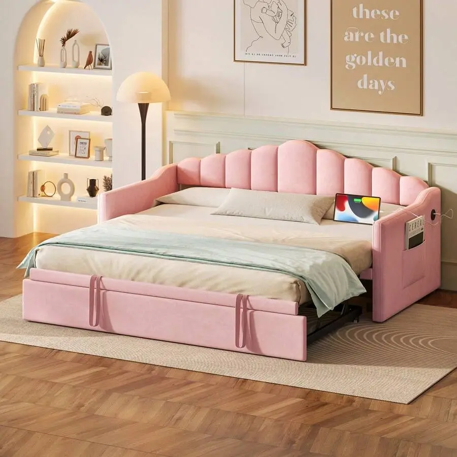 Upholstered  Size Daybed  Adjustable Height Pop Up Trundle   And USB & Type-C Charging Port, Day  Frame  2 Side Pockets, No Box-Spring Needed, Pink bed Twin with console table sand