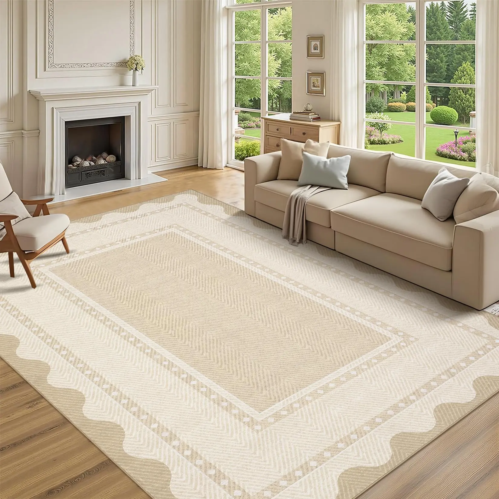 Garvee Border Washable Area Rug 9x12 Living Room Rugs Beige Modern Neutral Stain Resistant Rugs for Bedroom Nursery Non Slip Ultra-Soft Low Pile Carpet for Dining Room Farmhouse Office Decoration Mat