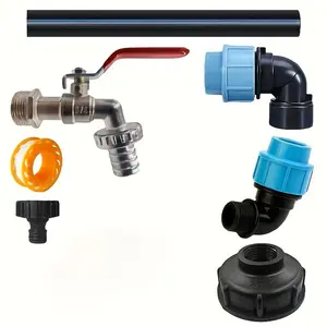 One Set of IBC Container Connectors, Garden hose connector, faucet adapter IBC tote bag accessories including PE fittings & sealing tape, suitable for water tank/swimming pool/garden irrigation, European and American connector thread standard