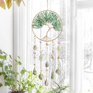 Bohemian Tree of Life Dream Catcher & Sun Catcher, Crystal & Gemstone Wind Chimes, Irregular Tree Shape, Perfect Gift for Home Decor