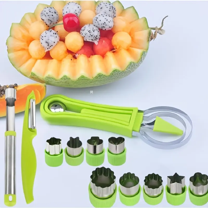 12Pcs Melon Baller Scoop Set, 4 in 1 Stainless Steel Fruit Tool Set Fruit Scooper Seed Remover with Fruit Vegetable Cutter Shapes Set Fruit Peeler for Fruit Slicer Dig Pulp Separator