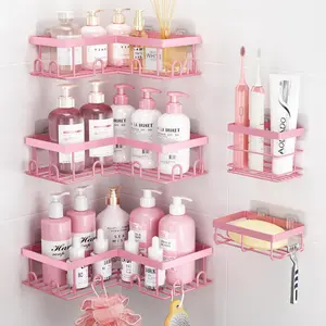 Corner Shower 5 Pack, Rustproof Stainless Shower Organizer with Soap Rack Toothbrush Holder, Large Capacity No Drilling&Home Set, Pink