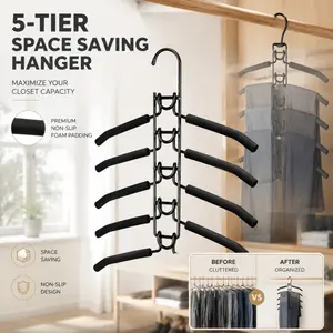 5-Tier Non-Slip Foam Padded Clothes Hanger, Multi-Layer Metal Wardrobe Organizer, Space-Saving Anti-Slip Hanger for Shirts, Dresses & Suits
