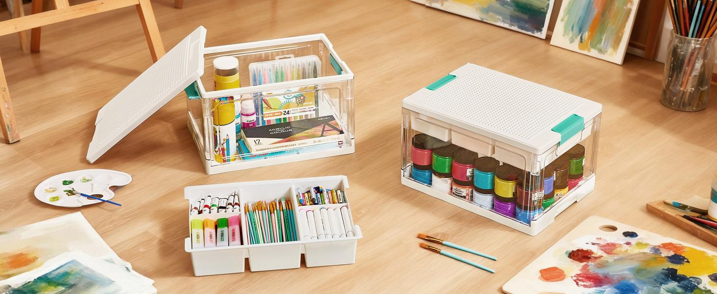 Vtopmart 24QT Clear Craft Storage Bin with Removable Trays&Adjustable Dividers, Containers for Art Supply Coloring Books Sensory Toys Craft Supplies Medicine Playdough Squishy Homeschooling, Transparent Dust Proof, Preschool Restock