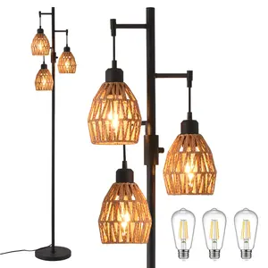 Farmhouse Floor Lamps for Living Room, 3 x 900LM LED Bulbs Included,Industrial Standing Lamp with Boho Rattan Shades, 70" Modern Rustic Lamps with Pedal Switch for decoration,living room decor,Adjustable Elegant Lighting Coverage,  SpringGlowUp