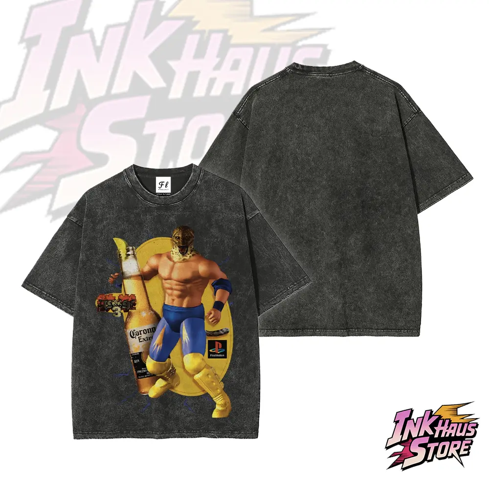 A collaboration between King, a character from the Tekken series, and Corona beer. -- Short Sleeve Cotton Unisex Retro wash Tee