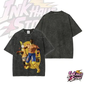 A collaboration between King, a character from the Tekken series, and Corona beer. -- Short Sleeve Cotton Unisex Retro wash Tee