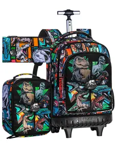 3PCS Rolling School Backpack, Water Resistance Roller Bookbag for Boys, Wheeled Bag Set with Lunch Box & Pencil Bag for Teens & Kids - Dinosaur Gathering