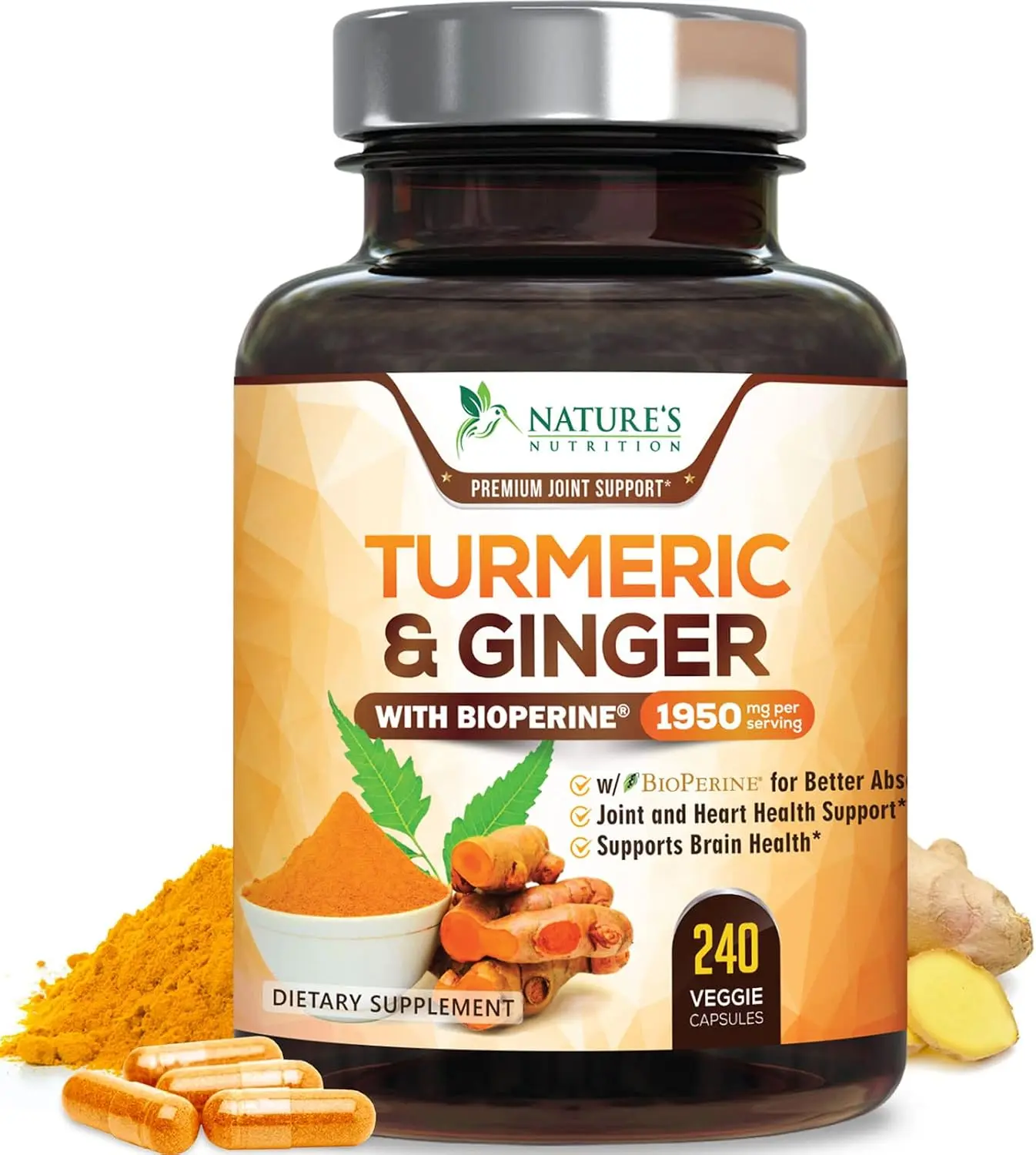 Turmeric Curcumin Supplement - 95% Curcuminoids with Organic Turmeric & Ginger, BioPerine Black Pepper Extract for Best Absorption, Natural Vegan Joint Support, Non-GMO, Bottled in USA - 240 Capsules Healthcare Fitness Dietary