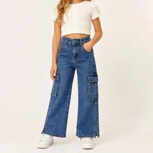 Girls Wide Leg Cargo Jeans, Kids Denim Pants with Flap Pockets and Side Split Hem, Casual Jean Pants for Ages 5-14