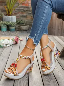 Summer High Heel Wedge Sandals, Waterproof PU Roman Slippers, Baroque Pattern, Less Than Ankle Height, Perfect for All Seasons