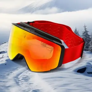 Flip-Up Magnetic Suction Full-Face Ski Goggles with -Glare Mirror Lens, Double-Layer Protection & Ergonomic Fit - Adjustable Strap, Vision for Snowboarding, Mountaineering, Winter Sports - Adult Outdoor Eyewear (Red Frame/Multicolor Lens)