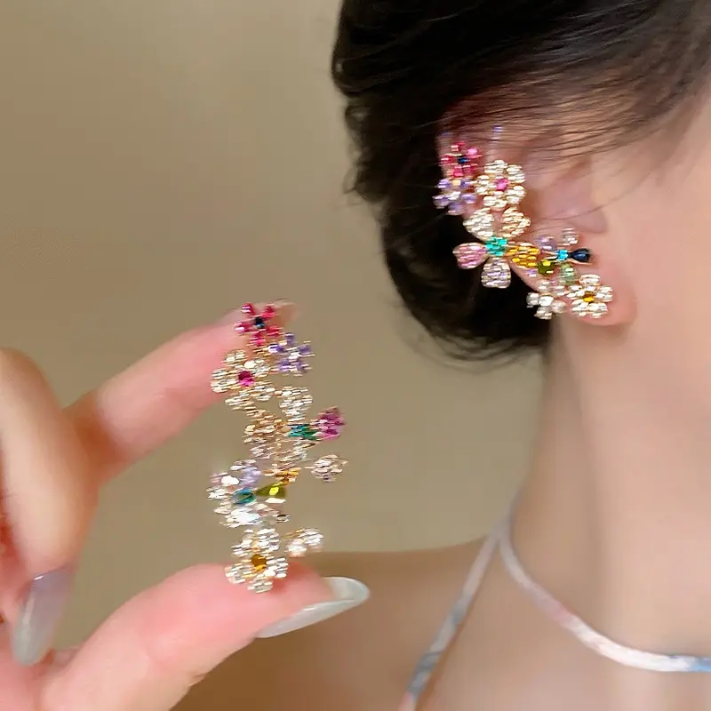 No Piercing Colorful Flower Ear Cuff | Gold Cubic Zirconia Floral Ear Cuffs for Women Dainty Statement Ear Jewelry moment special earring accessories