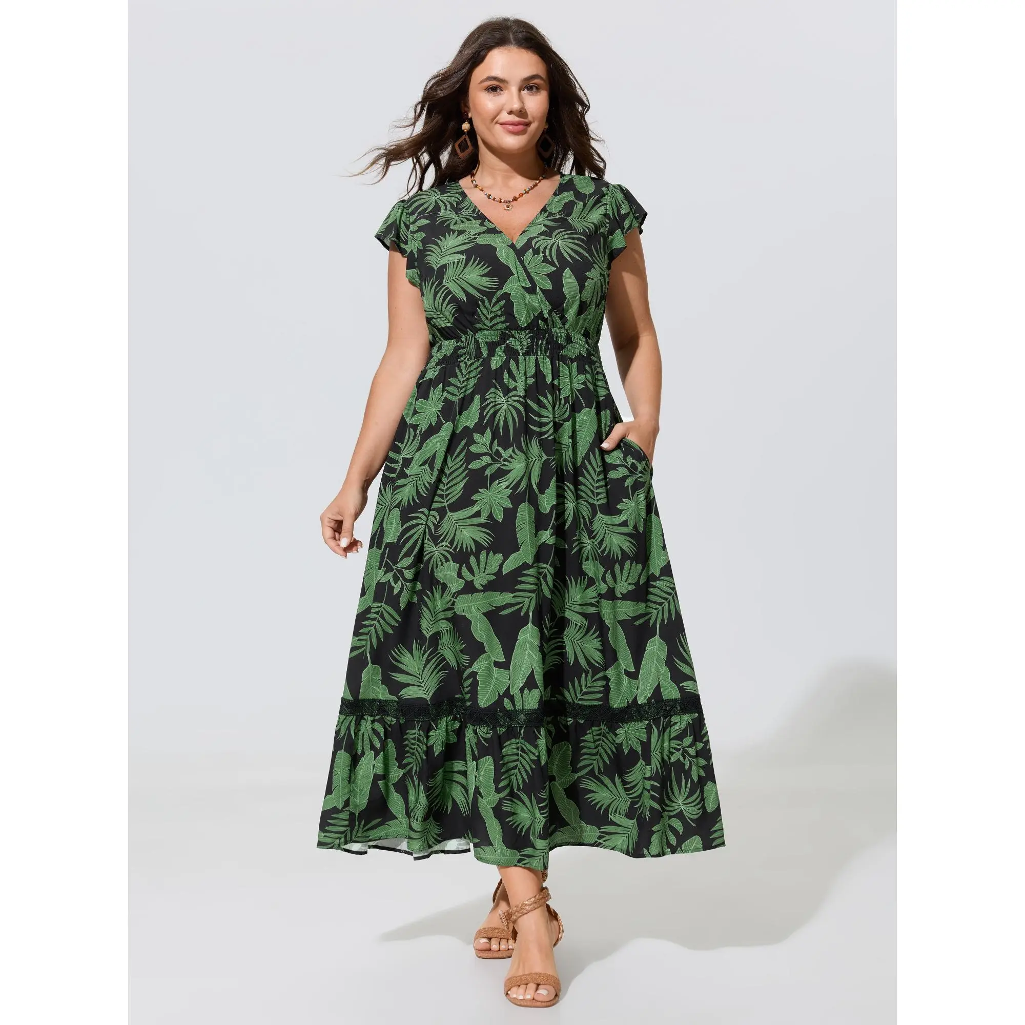 BLOOMCHIC Women's Plus Size Supersoft Tropical Print Shirred Lace Trim Smooth Wrap Bohemian Casual Garment Maxi Dress [M-6X] for Back To School, Spotlight Day