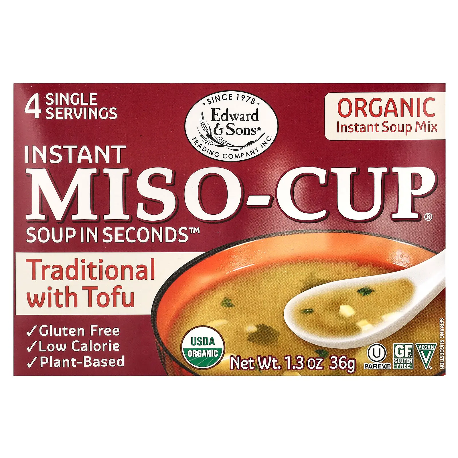 Edward & Sons Instant Miso-Cup, Traditional with Tofu, 4 Single Servings, 1.3 oz (36 g)