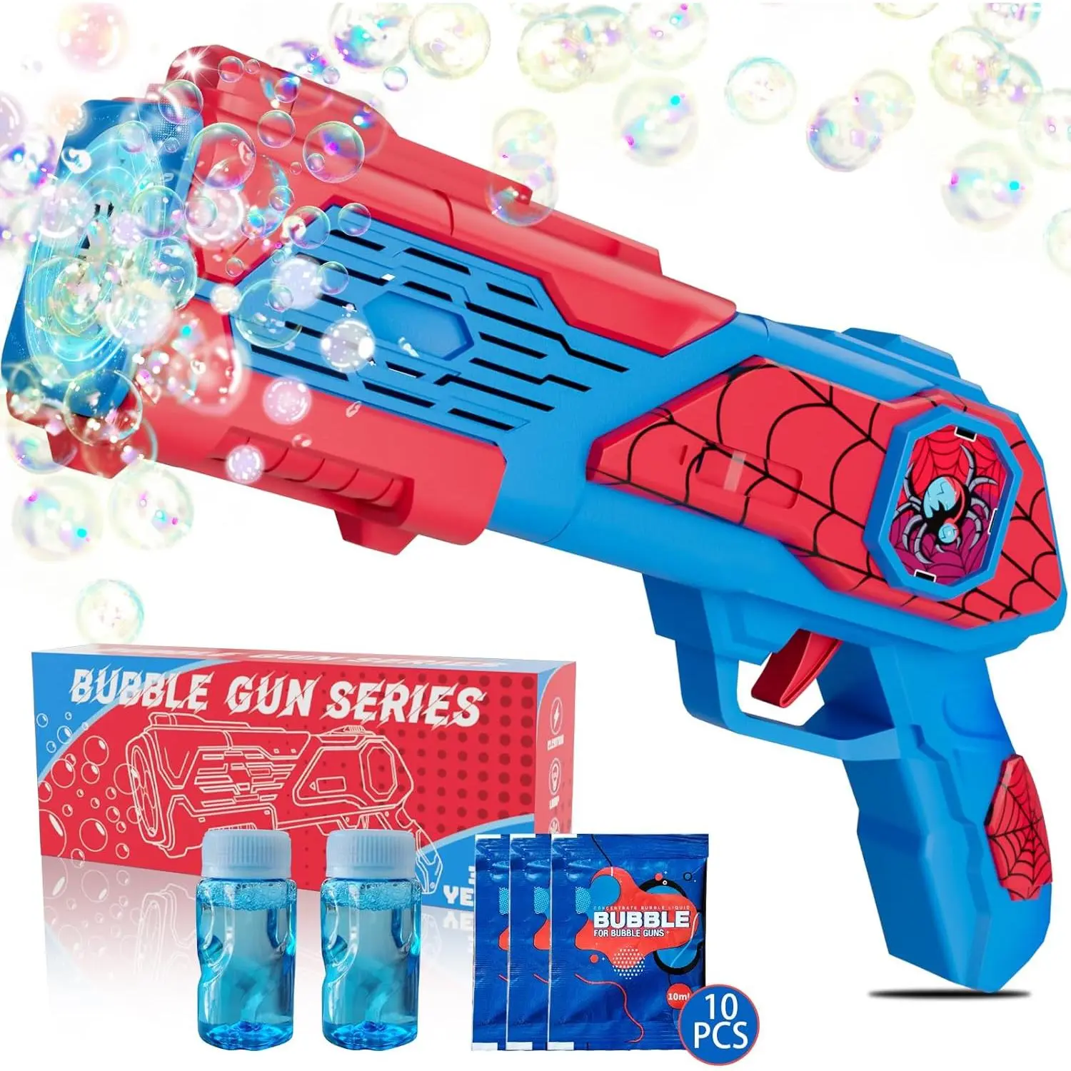 Spider Bubble Machine Gun for Kids 3+ Year Old Boys, Leak-Proof Spidey Bubble Blower Toy with LED Lights, 10000+ Bubbles/Min, Includes 2 Refills & 10 Concentrate Tablets, Durable Plastic, Outdoor Summer Fun, Wedding, Easter, Christmas, Birthday Gifts