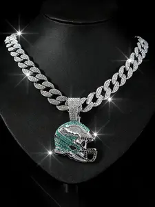Hiphop Rhinestone Rugby Helmet Pendant Necklace, Alloy High-Quality Electroplated Cuban Chain Jewelry, Fashion Accessory