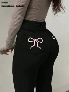 Women's High Elasticity Bow Embroidered Slim Bell Bottom Pants, Casual Fashion Wide Leg Trousers, Comfortable and Stylish Ladies' Clothing