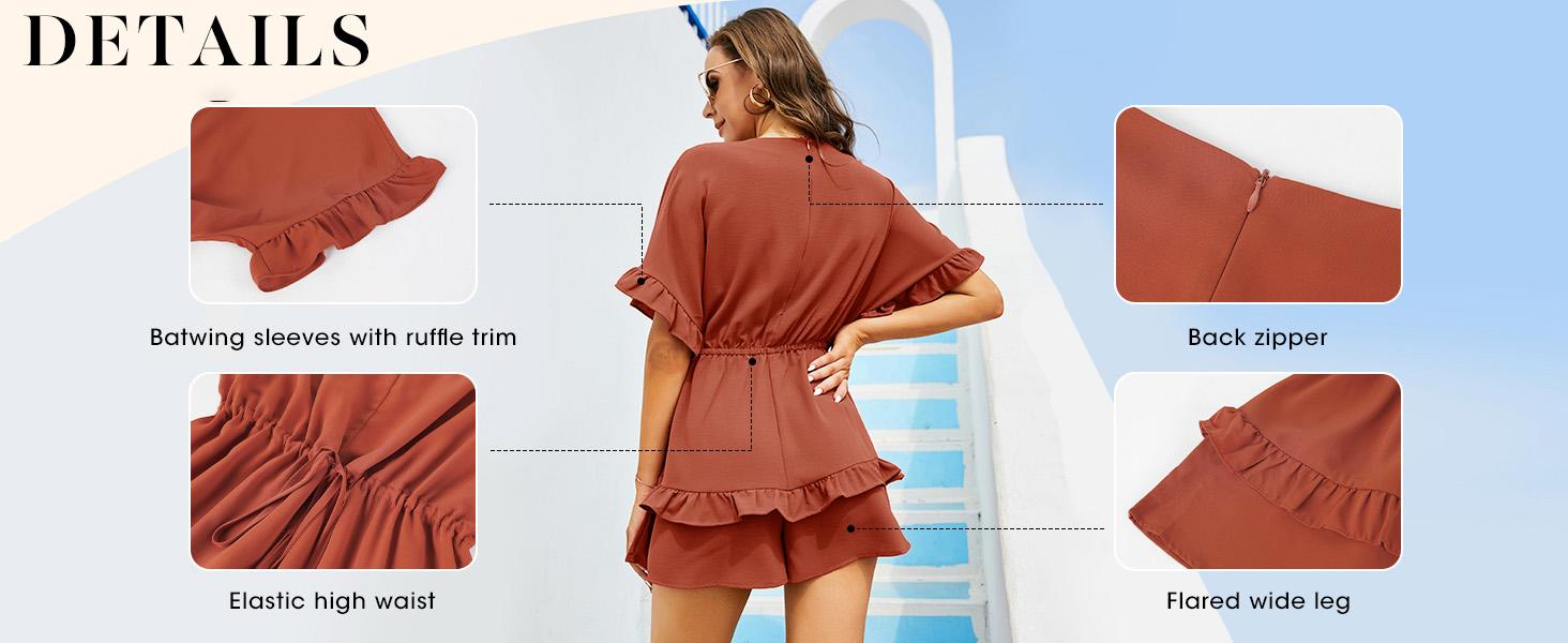 Cicy Bell Women's V Neck Beach Romper Ruffle Layered Drawstring Waisted Shorts Jumpsuit Soft Stretchy Material Boho Holiday Dress