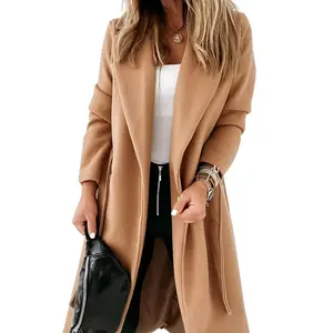 【US Shipping】Womens Classic Coat Lapel Collar Open Front Belted Long Jacket