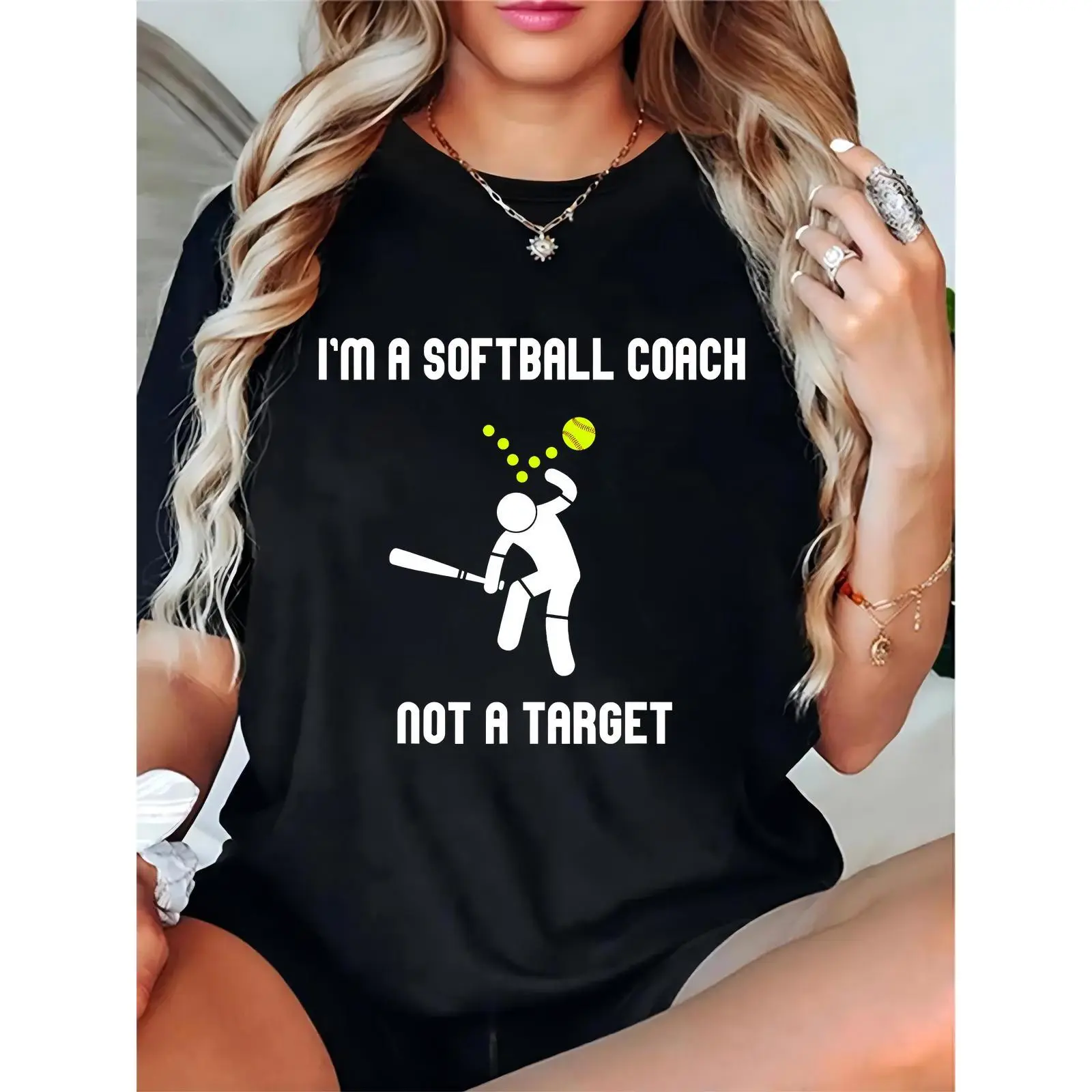 Women's "I'm a Softball Coach Not a Target" T-Shirt, Funny Stick Figure Batting & Softball Graphic, Casual Sports Top for Softball Coaches (Black)