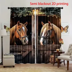 Two rural farmhouse style horse art curtains made of semi transparent polyester material, suitable for bedrooms, living rooms, offices, kitchens, and study rooms, creating a warm room atmosphere and adding rural charm, Room Decor Curtain, Window Curtain