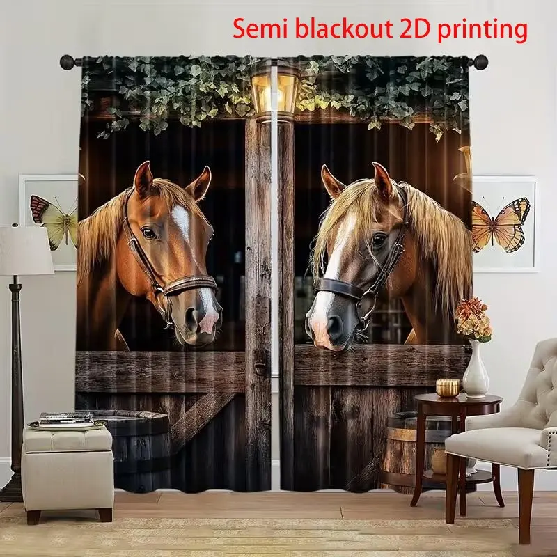 Two rural farmhouse style horse art curtains made of semi transparent polyester material, suitable for bedrooms, living rooms, offices, creating a warm atmosphere and adding rural charm, Window Curtain, Home Decorative Curtain, Home Decoration Curtain