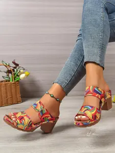 Vibrant Colorful Graffiti Fish Mouth Chunky Heel Sandals, Comfortable Summer Atmosphere, Casual Daily Wear, Women's Fashion Shoes