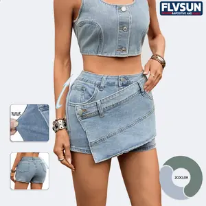 Flvsun Women's High-Waisted Denim Mini Skort - Asymmetric Cut, Above-Knee Stretch, Breathable Skirt, Minimalist Sea Blue, Cold Wash Denim Skort Skirts Bottom