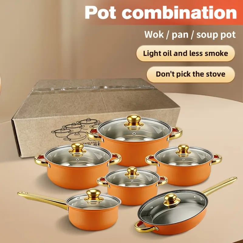 Colorful stainless steel set pot non-stick pan 12-piece set gold-plated handle stainless pots set pot Premium Cookware Set Kitchen Cookware Sets